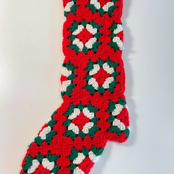 Vtg Granny Square Christmas Stocking Set Red Hand Crocheted 70s Holiday Decor - Picture 6 of 11